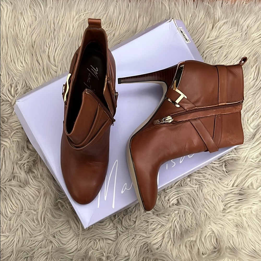 Marc Fisher Brown Heeled Boots with Buckle Detail